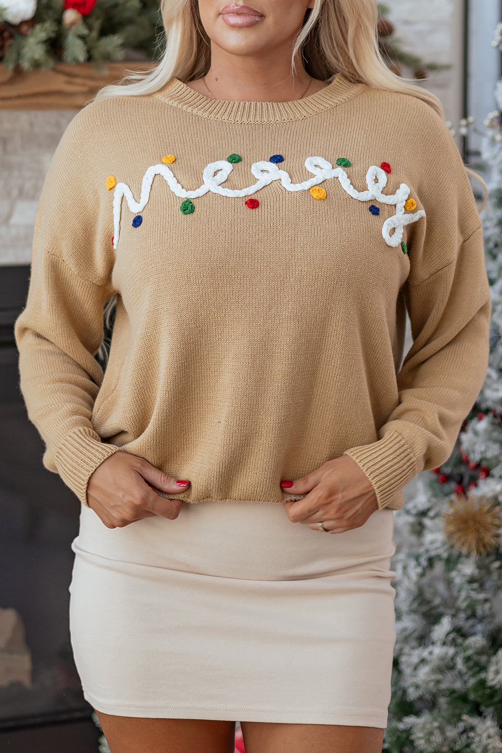 Smoke Gray Merry Colorful Dot Detail Christmas Dolman Sweater