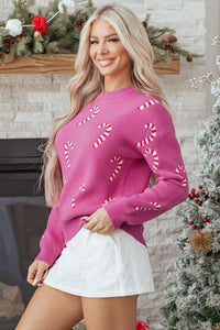 Sachet Pink Christmas Candy Cane Holiday Drop Shoulder Sweater