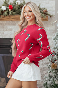Racing Red Christmas Candy Cane Holiday Drop Shoulder Sweater