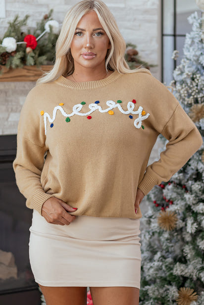 Smoke Gray Merry Colorful Dot Detail Christmas Dolman Sweater
