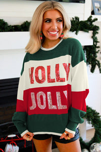 Green Sequined HOLLY JOLLY Color Block Crew Neck Sweater