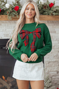 Evergreen Plaid Bow Graphic Christmas Sweater