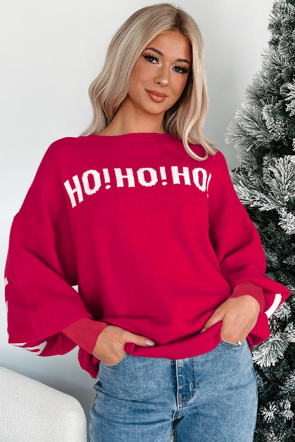 Fiery Red HO HO HO MERRY CHRISTMAS Drop Shoulder Loose Sweater