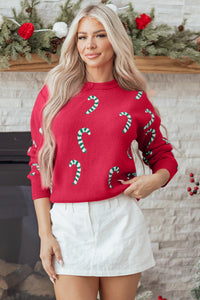 Racing Red Christmas Candy Cane Holiday Drop Shoulder Sweater