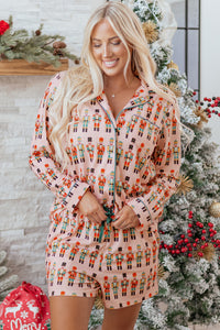 Pink Nutcracker March Long Sleeve Button Up 2pcs Pajama Short Set
