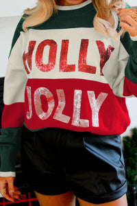 Green Sequined HOLLY JOLLY Color Block Crew Neck Sweater