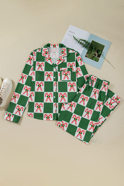 Green Holly Jolly Checkered Pattern 2pcs Long Pajama Set