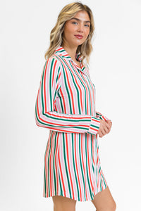 Pink Stripe Christmas Long Sleeve Shirt Style Lounge Dress