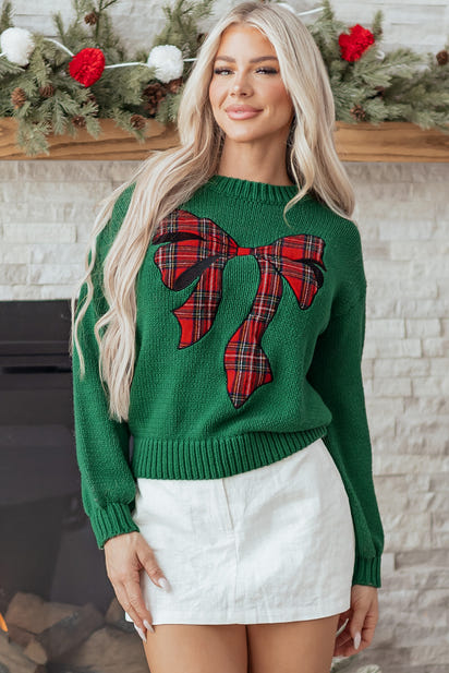 Evergreen Plaid Bow Graphic Christmas Sweater