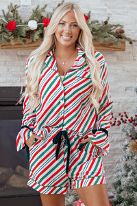 Green Stripe Contrast Velvet Ribbon Knot Christmas 2pcs Pajama Set