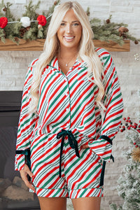 Green Stripe Contrast Velvet Ribbon Knot Christmas 2pcs Pajama Set