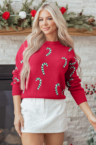 Racing Red Christmas Candy Cane Holiday Drop Shoulder Sweater