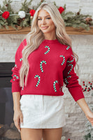 Racing Red Christmas Candy Cane Holiday Drop Shoulder Sweater