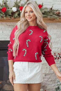 Racing Red Christmas Candy Cane Holiday Drop Shoulder Sweater