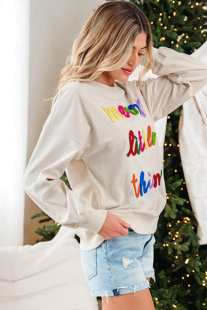 Beige merry little thing Corded Letter Graphic Ribbed Loose Sweatshirt